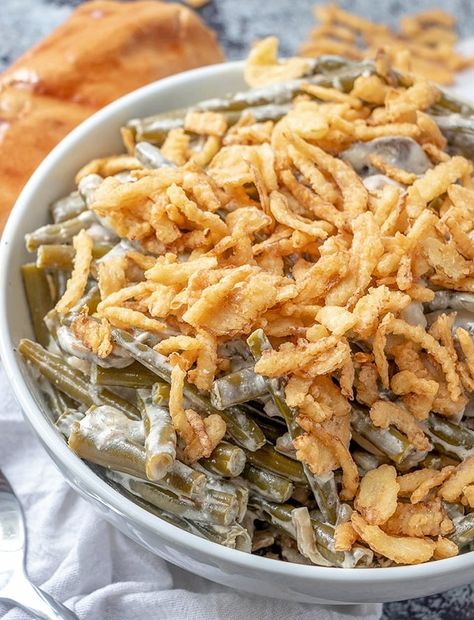 Slow-Cooker Green Bean Casserole Green Bean Casserole Mushrooms, Crockpot Onions, Crockpot Green Bean Casserole, French Fried Onion Recipes, Beans Crockpot, Fresh Green Bean Casserole, Crockpot Green Beans, Green Bean Casserole Crock Pot, Slow Cooker Green Beans