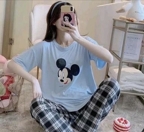 Pijamas Women Summer, Ootd Rumahan, Sleeping Wear, Disney Tshirt, Girls Loungewear, Pijamas Women, Night Pajama, Cute Sleepwear, Cute Pajama Sets