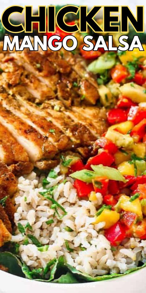 Chicken Mango Salsa Mango Chicken Salad Recipe, Homemade Chicken Burgers, Mango Salsa Chicken, Delicious Healthy Salads, Salsa Salad, Caribbean Chicken, Delicious Chicken Breast Recipes, Salsa Bowls, Chicken And Brown Rice