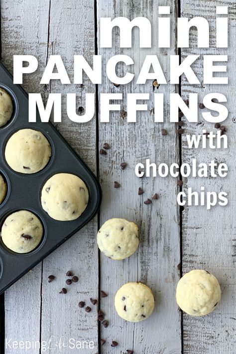 Easy Eggless Pancake Muffins with Chocolate Chips - Keeping Life Sane Pancake Mini Muffins, Pancake Muffins Recipe, Eggless Pancake Recipe, Mini Pancake Muffins, Muffins With Chocolate Chips, Muffins With Chocolate, Egg Free Desserts, Pancake Muffins, Eggless Recipes