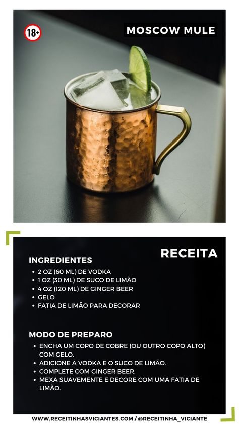 🍹🌿 Moscow Mule Refrescante! 🍋✨  ✨ Um coquetel clássico com vodka gelada, suco de limão fresco, ginger beer e uma rodela de limão para decorar, servido em uma caneca gelada! Uma bebida leve e cheia de sabor para brindar com amigos. 🌟🥂  🎯 Siga nosso perfil para mais receitas de drinks e dicas de culinária!  #MoscowMule #Coquetel #Bebidas #Gastronomia #Cocktail #Drink #ReceitasPráticas Moscow Mule Receita, Ginger Mule Cocktail, Mule Drink Recipes Ginger Beer, Whiskey Mule Recipe Ginger Beer, Drinks Com Vodka, Cocktail Drink, Moscow Mule, Ginger Beer, Mule