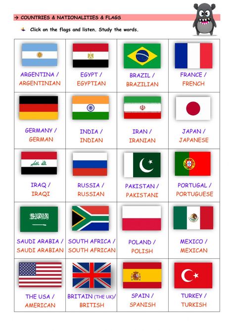 Countries and nationalities online worksheet for Grade 4. You can do the exercises online or download the worksheet as pdf. Country And Nationality, Countries And Nationalities Worksheet, Countries For Kids, World Country Flags, Teach English To Kids, Adjective Worksheet, Flag Game, English Posters, Esl Teaching Resources