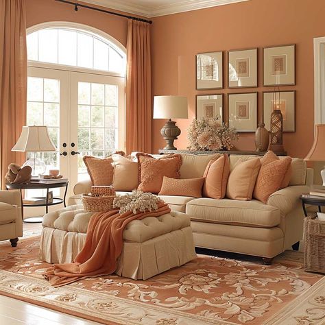 Warm Room Designs with Peach and Cinnamon Color Schemes • 333+ Art Images Coral Living Room Walls, Peach Living Room Decor, Peach Living Room, Coral Living Room, Peach Living Rooms, Silver Living Room Decor, Modern Cottage Bedroom, Peach Room, Coral Living Rooms