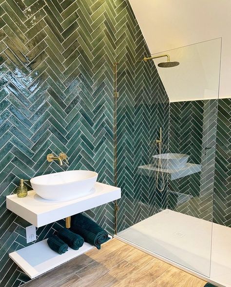 Shower In Bedroom, Green Shower Tile, Herringbone Tile Bathroom, Green Tile Bathroom, Shower Tile Ideas, Master Shower, Bad Inspiration, Bathroom Redesign, Downstairs Bathroom