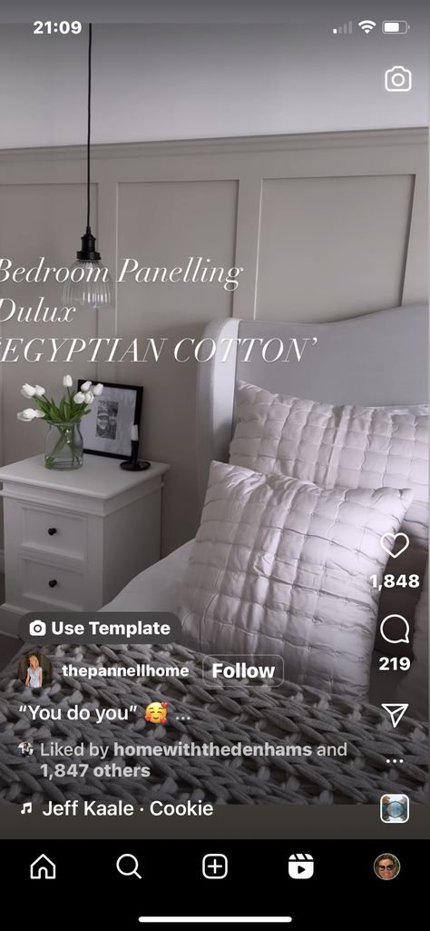 Egyptian Cotton Bedroom Colour, Egyptian Cotton Dulux Paint Bedroom, Egyptian Cotton Panelling, Egyptian Cotton Bedroom, Dulux Egyptian Cotton, Olive Living Rooms, Dulux Paint, Bedroom Panel, Paint Colours