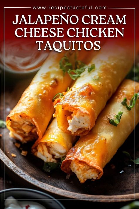 These Jalapeño Cream Cheese Chicken Taquitos are a delightful blend of shredded chicken, creamy cheese, and spicy jalapeños, all wrapped in crispy corn tortillas and served with a zesty cilantro ranch. Perfect for parties or a cozy family dinner! Green Chili Chicken Taquitos, Jalapeno Cream Cheese Taquitos, Jalapeno Taquitos, Cream Cheese Chicken Wraps, Jalapeno Stuffed Chicken, Cream Cheese Chicken Taquitos, Taquitos Chicken, Mexican Taquitos, Jalapeno Rolls