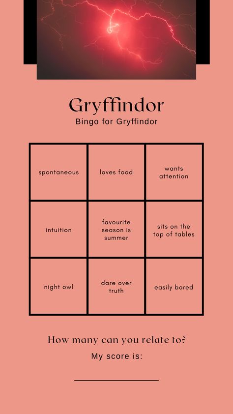 Gryffindor Bingo, Gryffindor Printable, Gryffindor Personality, Gryffindor Journal, Gryffindor Prefect, My Score, Harry Potter Houses, Bingo, Harry Potter