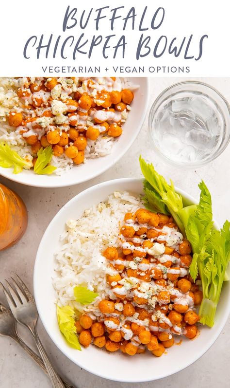 This buffalo chickpea bowl is a simple but flavorful meatless meal that's a spicy and satisfying. Creamy buffalo chickpeas are spooned over white rice and topped with blue cheese crumbles and a ranch dressing drizzle for a quick and cheap meal you'll want to make over and over. #chickpeas #buffalo #vegetarian #veganoption Buffalo Chickpeas, Chickpea Bowl, Buffalo Chickpea, Blue Cheese Crumbles, Chicken Chickpea, Homemade Buffalo Sauce, Meatless Meal, Easy Skillet Meals, Cheap Meal