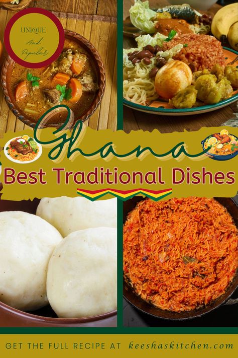 An assortment of traditional Ghanaian dishes including jollof rice, banku and tilapia, fufu with light soup, and waakye, beautifully arranged on a colorful table. Ghana Light Soup Recipe, Shito Sauce, Ghanaian Recipes, Groundnut Soup, Light Soup, Ghana Food, Ghanaian Food, Plantain Recipes, Light Soups