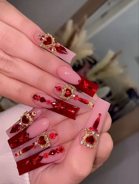 15 Nails Ideas Red, Red Long Nails With Gems, Red French Nails With Rhinestones, Red And Gold Acrylic Nails Designs, Red Glam Nails Rhinestones, Glam Red Nails, Red Acrylic Nails With Charms, Red Nails Quinceanera, Quince Ideas Red