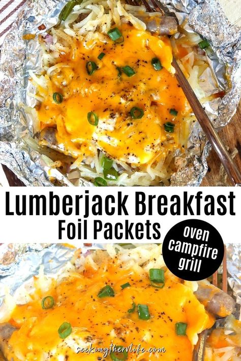 Lumberjack Breakfast Foil Packets are SUPER EASY and can be made in your oven, over a campfire or on a grill. Foil packet breakfasts are so much fun and make for easy cleanup. You'll love this lumberjack breakfast recipe with sausage, egg, hasbrowns, and veggies. Easily customizable for your whole family! The perfect camping recipe! #SeekingTheRVLife Foil Packets For The Campfire, Foil Breakfast Packets, Camping Breakfast Foil Packets, Oven Packet Meals, Foil Packets Breakfast, Pizza Foil Packets, Camping Foil Packets Breakfast, Breakfast Over Campfire, Foil Pack Sandwiches