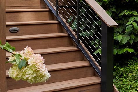 Outdoor Stair Railing Ideas to Inspire You | TimberTech Stair Railing Ideas Exterior, Outdoor Banisters And Railings, Outdoor Steps With Railing, Wood Railings For Stairs Outdoor, Outdoor Stairs Railing, Outdoor Railings For Steps, Front Step Railing Ideas, Outdoor Stair Railing Ideas, Backdoor Steps