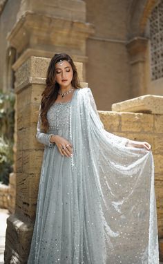 Pastel Blue Anarkali, Lavender Colour Gown, Pastel Pakistani Outfit, Pakistani Party Wear Dresses, Desi Dress, Western Dresses For Women, Simple Saree Designs, Lehenga Designs Simple, Anarkali Dress Pattern