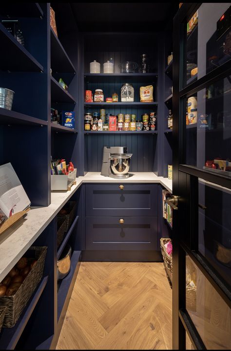 Dark Blue Pantry, Navy Pantry, Moody Pantry, Pantry Nook, Dark Pantry, Utility Pantry, Garage Pantry, Manhattan Kitchen, Narrow Pantry