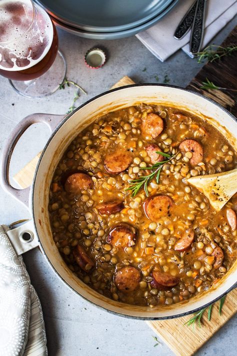 Lentils And Sausage, Andouille Sausage Recipes, Lentil Stew Recipes, Sausage Stew, Sausage Soup, Lentil Stew, Andouille Sausage, Lentil Recipes, Hearty Stews