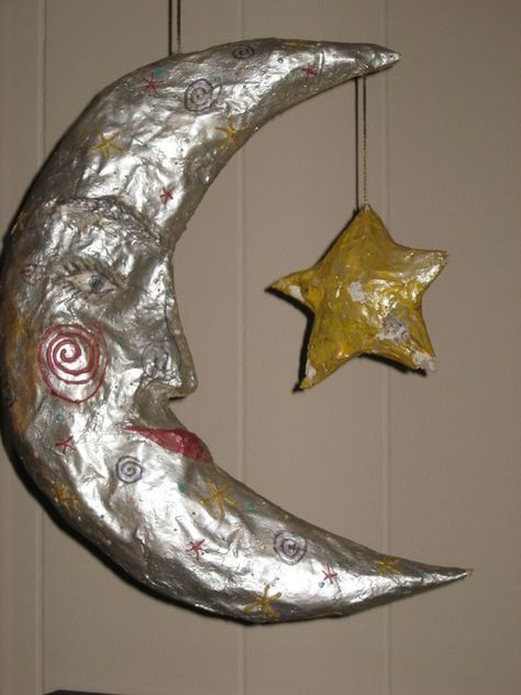 mauvais gout (sometimes) on Tumblr Paper Mache Inspiration, Crescent Moon Paper Mache, Paper Mache Person, Sun Paper Mache, Things To Paper Mache, Mexican Paper Mache Folk Art, Paper Mache Garland, Paper Mache Aesthetic, Paper Mache Moon Diy