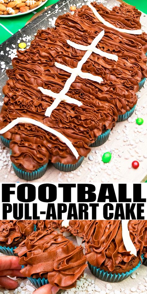 HOW TO MAKE FOOTBALL CUPCAKE CAKE RECIPE- Celebrate the Super bowl by throwing a fun football party! This dessert table is packed with lots of quick and easy desserts, snacks and pull apart cupcakes or football cake, decorated with chocolate buttercream frosting. Great for boys birthday parties too. No fondant needed! From CakeWhiz.com #football #cupcake #cake #cakedecorating #chocolate #frosting #partyfood #birthday #superbowl Football Cupcake Cake, Football Cupcake Cakes, Quick And Easy Desserts, Football Cupcake, Football Cupcakes, Pull Apart Cake, Yoghurt Cake, Pull Apart Cupcakes, Desserts Snacks