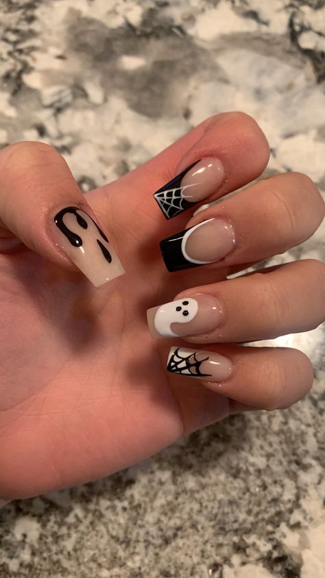 Halloween nails, spooky, nails, Halloween, ghost, spiderweb, drip, black tip, black French tip Short Halloween Nail Inspos, Matching Nails Halloween, Black French Tip Nails Square Halloween, October Nails Ideas Square, Fall Nails Spider Web, Halloween Sets Nails Short, Squared Halloween Nails, Cute Halloween Nails Coffin, Halloween Nail Inspo Square