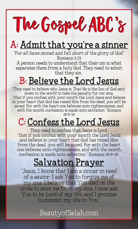 THE GOSPEL ABC'S OF SALVATION Abc Of Salvation, Sinners Prayer, Salvation Prayer, Gospel Tracts, Bible Study Notebook, Gospel Message, Bible Study Verses, Bible Study Notes, Bible Facts