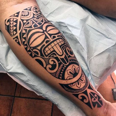 Back Of Leg Guys Hawaiian Tribal Tattoo Design Ideas Polynesian Leg Tattoo, Bracelet Tattoo For Man, Tato Maori, Tiki Tattoo, Chris Garver, Polynesian Tattoo Designs, Marquesan Tattoos, Maori Tattoo Designs, Samoan Tattoo