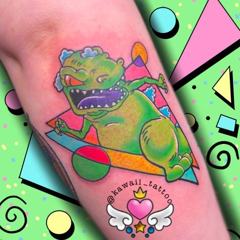 Reptar from rugrats tattoo done by me! 90s Pop Culture Tattoo, 90s Nostalgia Tattoo, 90s Cartoons Tattoos, 90s Cartoon Tattoos Sleeve, Reptar Tattoo, 90s Baby Tattoo, 80s Tattoo Ideas, 90s Flash Tattoo, Rugrats Tattoo