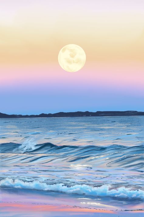 Sunrise with the ocean. Painted with chalk brushes in Procreate Beach Sunrise Painting, Beach Procreate, Moon Beach Painting, Sunrise Ocean Painting, Sunrise Over Water Painting, Moon Over Ocean Painting, Sunrise Over Ocean Painting, Sunrise Painting, Seaside Beach