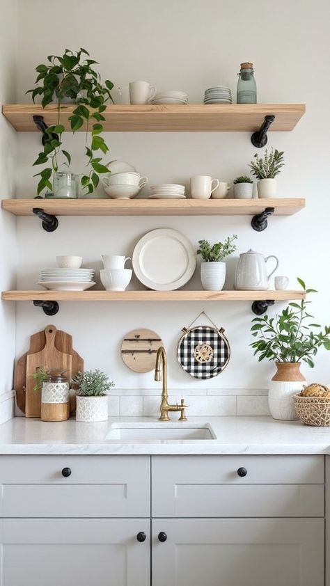 Open kitchen shelving with an industrial flair ⚡ Perfect for keeping your space organized and stylish. Kitchen Remodel Shelves, Floating Kitchen Shelves Modern, Wall Shelves In Kitchen, Small Kitchen Floating Shelves, Shelving Above Kitchen Sink, Kitchen Floating Shelf Decor, Exposed Shelves Kitchen, Shelves In Kitchen Instead Of Cabinets, Kitchen Worktop Styling