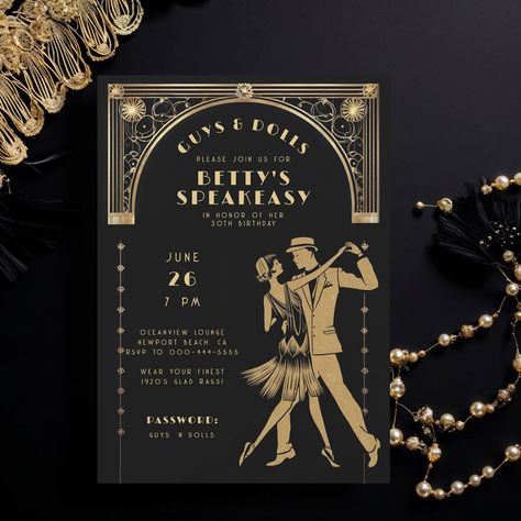 Roaring 20s Gatsby Flapper Speakeasy Chic Birthday Invitation Great Gatsby Party Invite, Gentleman Theme Birthday Party, Roaring 20s Party Invitation, Flapper Dancing, 20s Party Invitation, 20s Speakeasy, Speakeasy Theme, Gatsby Party Invitations, Great Gatsby Invitation