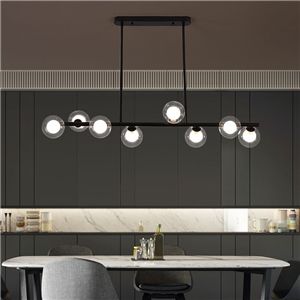 Modern Linear Pendant Lighting, Two Chandeliers Over Dining Table, Horizontal Light Fixture, Linear Pendant Lighting, Chandelier Glass, Iron Lamp, Stage Lighting, Led Chandelier, Light Chandelier