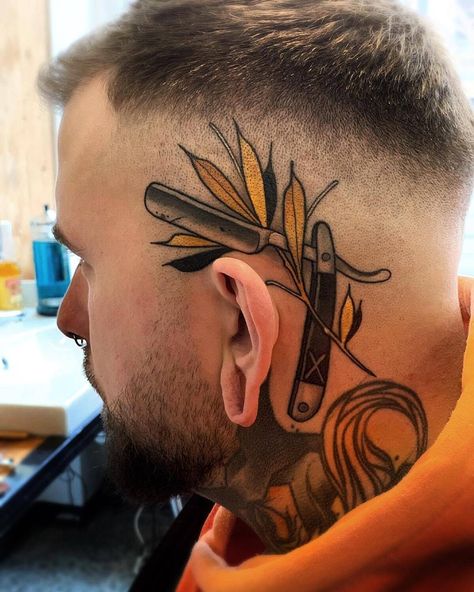 Tattoo artist Friedrich Übler, color new school face and head tattoo | Germany Mens Face Tattoos, Scalp Tattoo, Barber Tattoo, Knife Tattoo, Neck Tattoo For Guys, Neck Tattoos, Face Tattoos, Tattoo Kits, Head Tattoos