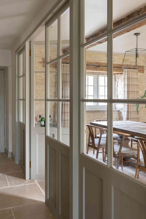 Cotswold Cottage, Glass Partition Wall, Partition Door, Internal Glass Doors, Modern Country Style, Cottage Interior, Interior Windows, Country Interior, Glass Partition