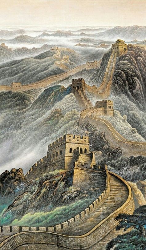 The Great Chinese Wall, Ancient China Landscape, Great Wall Of China Tattoo, Great Wall Of China Painting, Great Wall Of China Wallpaper, Great Wall Of China Drawing, China Wallpaper, China Landscape, Chinese Wall