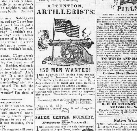 Civil War Ad for Artillerymen in Ohio......Pomeroy weekly telegraph. volume (Pomeroy, Meigs County, Ohio) 1860-1866, October 25, 1861, Image 2 Pomeroy Ohio, Ohio History, Historic Photos, October 25, Local History, Historical Photos, Genealogy, Ohio, History