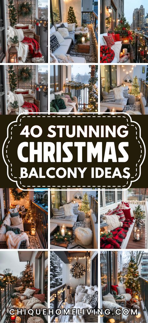 Transform your balcony into a winter wonderland with these 27 Stunning Christmas Balcony Decor Ideas! Whether you’re working with a small space or a sprawling terrace, these ideas bring holiday magic outdoors with twinkling lights, cozy blankets, mini trees, and festive garlands. Perfect for creating a cozy spot to sip hot cocoa or adding curb appeal, these decorations make your balcony shine. From rustic touches with pine cones to elegant touches of red and gold, these ideas will inspire you to Outdoor Christmas Tree On Balcony, Balcony Ideas Christmas, Holiday Patio Decorating Ideas, Ideas For Balcony Decoration, Balcony Winter Ideas, Decorate Patio For Christmas, Christmas Decor Ideas For Balcony, Christmas Decor Ideas Balcony, Back Deck Christmas Decorating Ideas