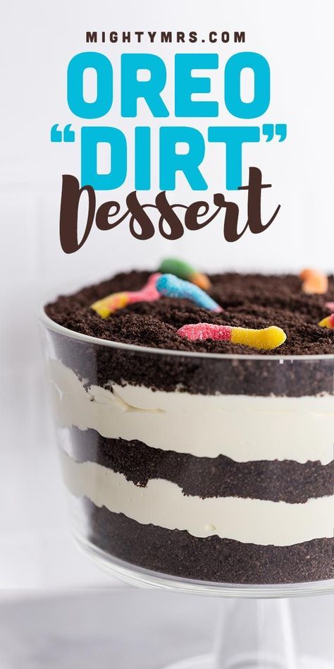 Oreo Dirt Dessert - This easy recipe is so fun for kids and is delicious too! A classic for a reason. This recipes calls for Oreos, pudding, cream cheese and Cool Whip just like the original. Add gummy worms, serve in a trifle bowl or serve them in mini flower pots for a spring theme. You can even make this dessert flat in a cake pan so it's a perfect birthday treat. Get creative for Halloween (graveyard), Easter (egg hunt). Bring your own decorating ideas, watch how to make it! Serves a crowd. Oreo Dirt Dessert, Cream Cheese And Cool Whip, Dirt Dessert, Dirt Pudding, Oreo Dirt, Oreo Desserts, Dirt Cake, Trifle Bowl, Kid Desserts