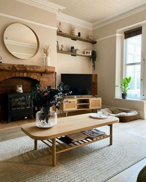 Natural Hessian Living Room, Natural Hessian Dulux Paint Living Room, Natural Hessian Dulux Paint, Dulux Natural Hessian, Coffee Table Ikea, Alcove Desk, Alcove Shelving, Table Ikea, Scandi Decor