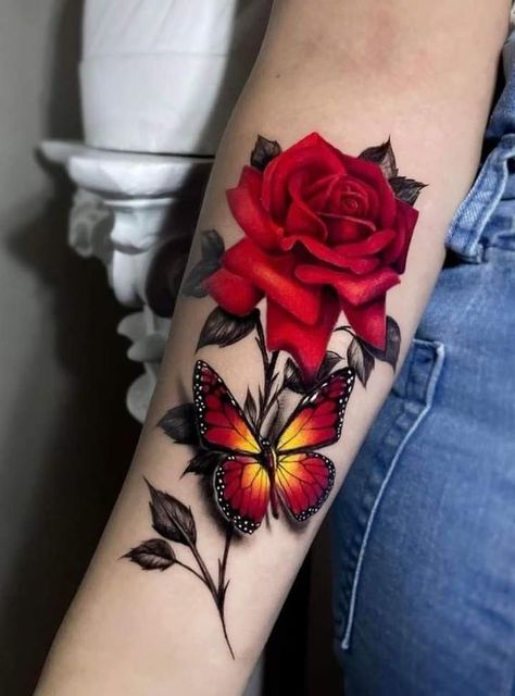 Rose Tattoos Color, Tattoo Of Butterflies, All Tattoos For Women, Colorful Rose Tattoos For Women, Color Rose Tattoos, Bright Color Tattoos For Women, Rose And Heart Tattoo, Roses And Butterfly Tattoo, Heart Butterfly Tattoo