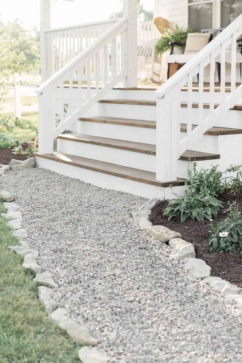 How to Update a Cracked Sidewalk with a DIY Gravel Path Cover Concrete Steps, Concrete Front Steps, Farmhouse Front Porch Decorating, Farmhouse Front Porch Decor, Veranda Design, Front Porch Steps, Front Stairs, Porch Kits, White Porch