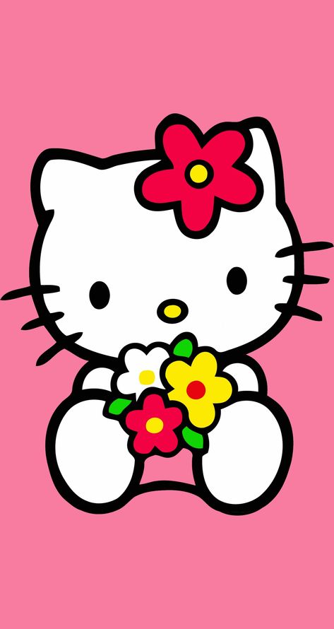 Hello Kitty Flower Wallpaper, Hello Kitty Holding Flowers, Cute Hello Kitty Pictures, Hello Kitty With Flowers, Hello Kitty Flowers, Hello Kitty Birthday Theme, Decoracion Hello Kitty, Spring Drawing, Hello Kitty Wallpaper Hd