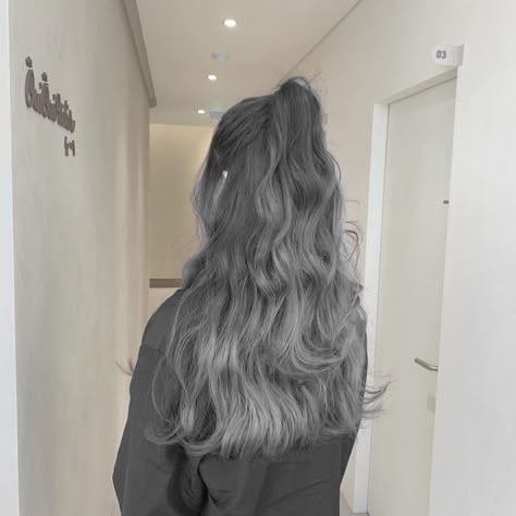 Dark Gray Hair Highlights, Cool Tone Silver Hair, Grey Korean Hair, Silver Dark Hair, Dark Platinum Hair, Champagne Grey Hair, Silver Hair Dye Ideas, Korean Silver Hair, Glamour Short Hair