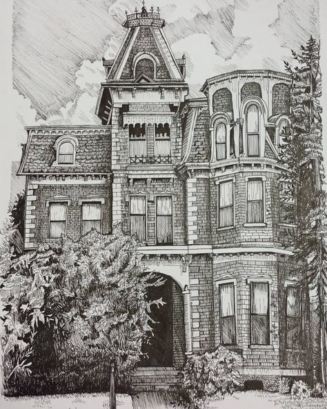 Pen art 🖊️ Old Building Drawing, Building Drawing Ideas, Old Cathedral, Abandoned Mansion, Building Drawing, Diy Watercolor Painting, Victorian Houses, Unique Buildings, Pen Sketch