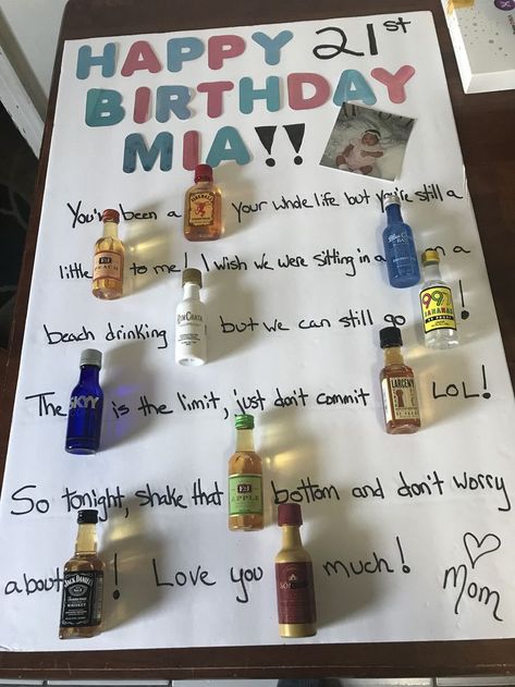 21st Birthday Gift Baskets, Diy 21st Birthday Gifts, 21st Birthday Poster, 21st Birthday Diy, Homemade Birthday Gifts, 21st Birthday Girl, 21st Birthday Presents, 21st Bday Ideas, Liquor Gifts