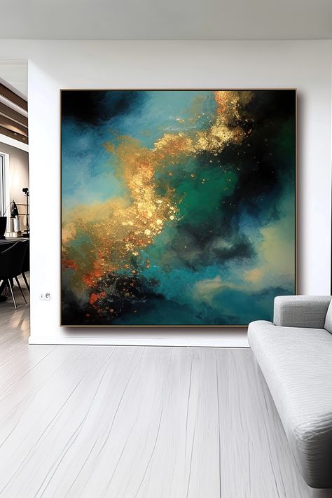 Original handmade gold and teal abstract painting with textured brushstrokes and vibrant colors on canvas Teal Art, Handmade Artwork, Deep Teal, Original Abstract Painting, Modern Wall Art, Gold Accents, Abstract Painting, Abstract Art, Oil Painting