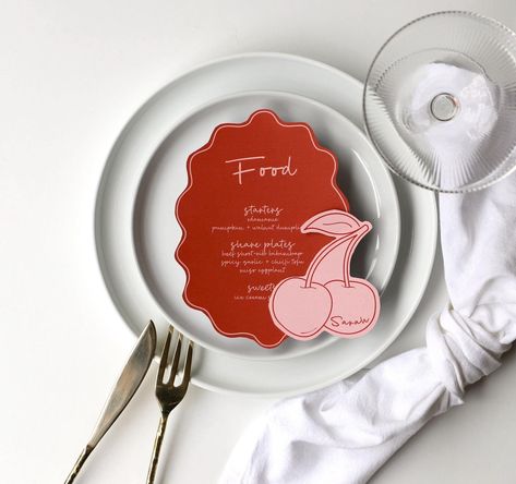 This is the perfect menu to host your next dinner party or bestie bachelorette! Oval wave menu & cherry shaped place card templates, mon cheri bachelorette party, cherry themed table decor, pink red cherry place cards, cherry name card, wavy border menu, cherry illustration, editable dinner menu, fun unique place cards Elevate Your Event with Effortless Elegance  Our editable templates are not just an invite, a menu or a sign; they are a statement piece that sets the tone for an unforgettable so Design Cv, Place Card Template, Red Cherry, Mon Cheri, Font Types, Cherry On Top, Place Card, Design Skills, Name Cards