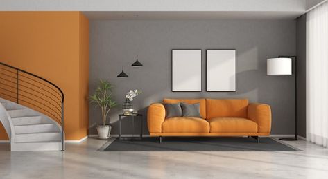 Gray and orange modern living room with ... | Premium Photo #Freepik #photo #modern-sofa #sofa #modern-furniture #furniture Gray Orange Living Room, Living Room With Staircase, Grey And Orange Living Room, Orange Living Room, Orange Store, Posters Diy, Halloween Posters, Concrete Staircase, Living Room Orange