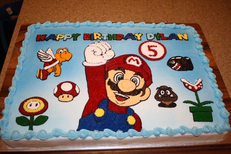 Super Mario Friends & Enemies - 1/2 Sheet cake that is half chocolate, half white.  All decorations done entirely in buttercream.  Created design using clipart images and did a piping gel transfer on wax paper. Mario Sheet Cake, Mario Birthday Cake, Bd Ideas, Mario Bros Cake, Super Mario Cake, Super Mario Bros Party, Mario Cake, Mario Bros Birthday, Birthday Sheet Cakes