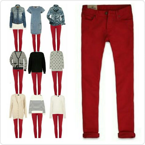 Red Skinny Jeans. Style: Bettys Red Jeans Women, Red Jeans Outfit Winter, Red Jeans Outfit, Beige Outfits, Red Pants Outfit, Slacks Outfit, Realistic Fashion, Teacher Wardrobe, Jeans Outfit Winter