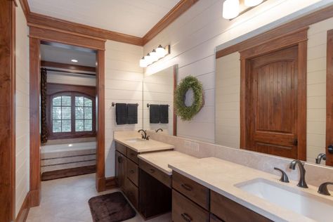 Gray Beadboard Walls, Bathroom With Wood Trim, Shiplap Bathroom Wall, Stained Wood Trim, Natural Wood Trim, Shiplap Paneling, Wood Baseboard, Beadboard Bathroom, Stained Trim