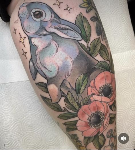 Color Rabbit Tattoo, Cottage Tattoo, Aster Tattoo, White Rabbit Tattoo, Bunny Tattoo, Rabbit Tattoo, Flash Ideas, Bunny Tattoos, Floral Tattoos