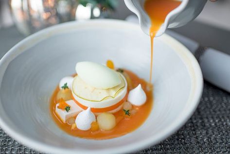 My recipe for Sea Buckthorn & Yoghurt Panna Cotta Apple Sorbet, Staff Canteen, Fine Dining Desserts, Dinner Night, Fine Dining Recipes, Michelin Guide, Rhubarb Recipes, Cocktail Desserts, Food Garnishes